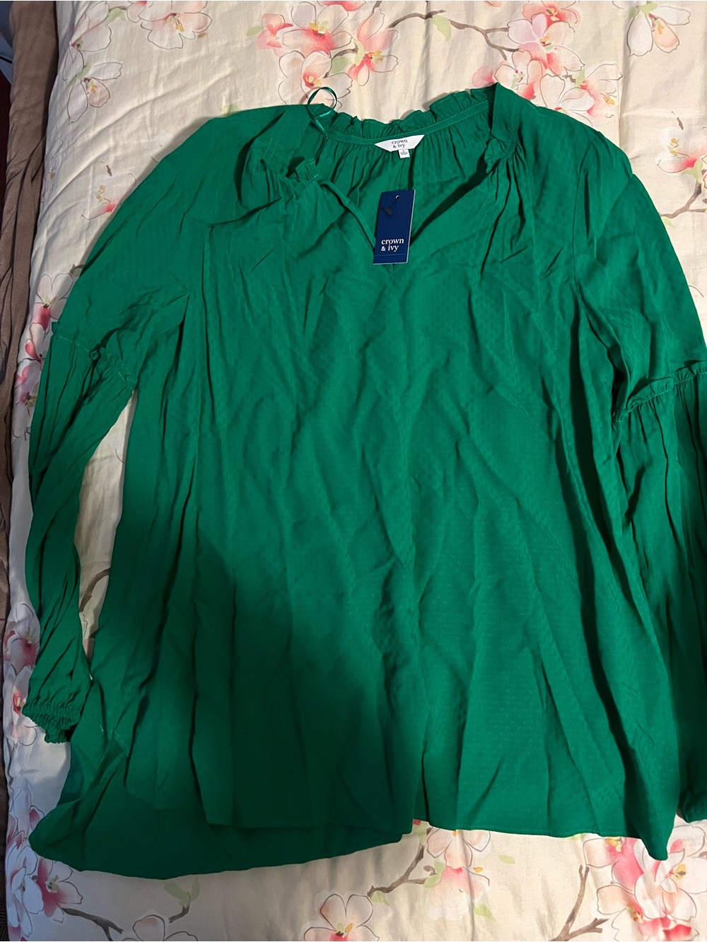 NWT Crown & Ivy Boho Dobby Textured Blouse Green Peasant Balloon Sleeve Size L